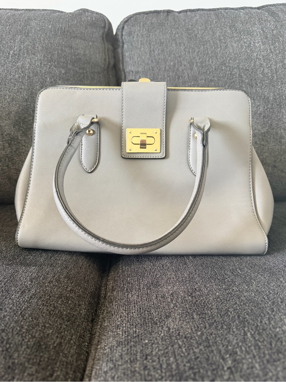 Structured Gray Top-Handle Satchel with Gold Hardware